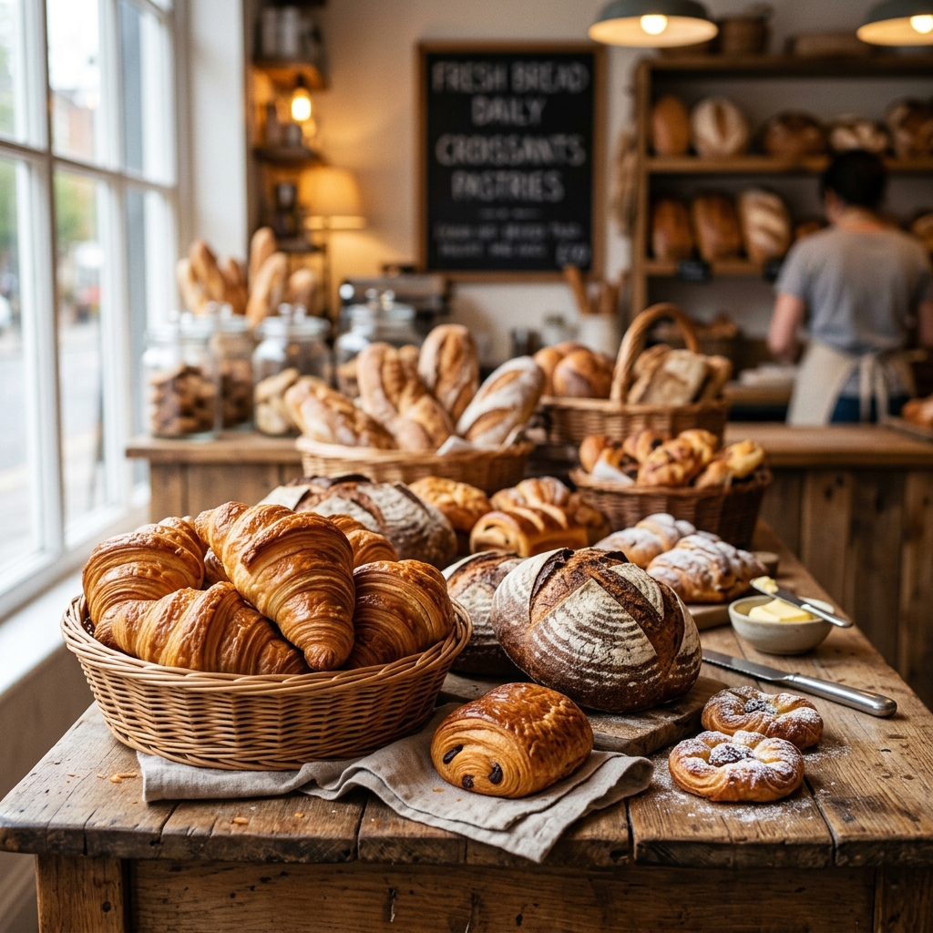 Freshly baked artisan croissants and pastries at Bhatia Bakery