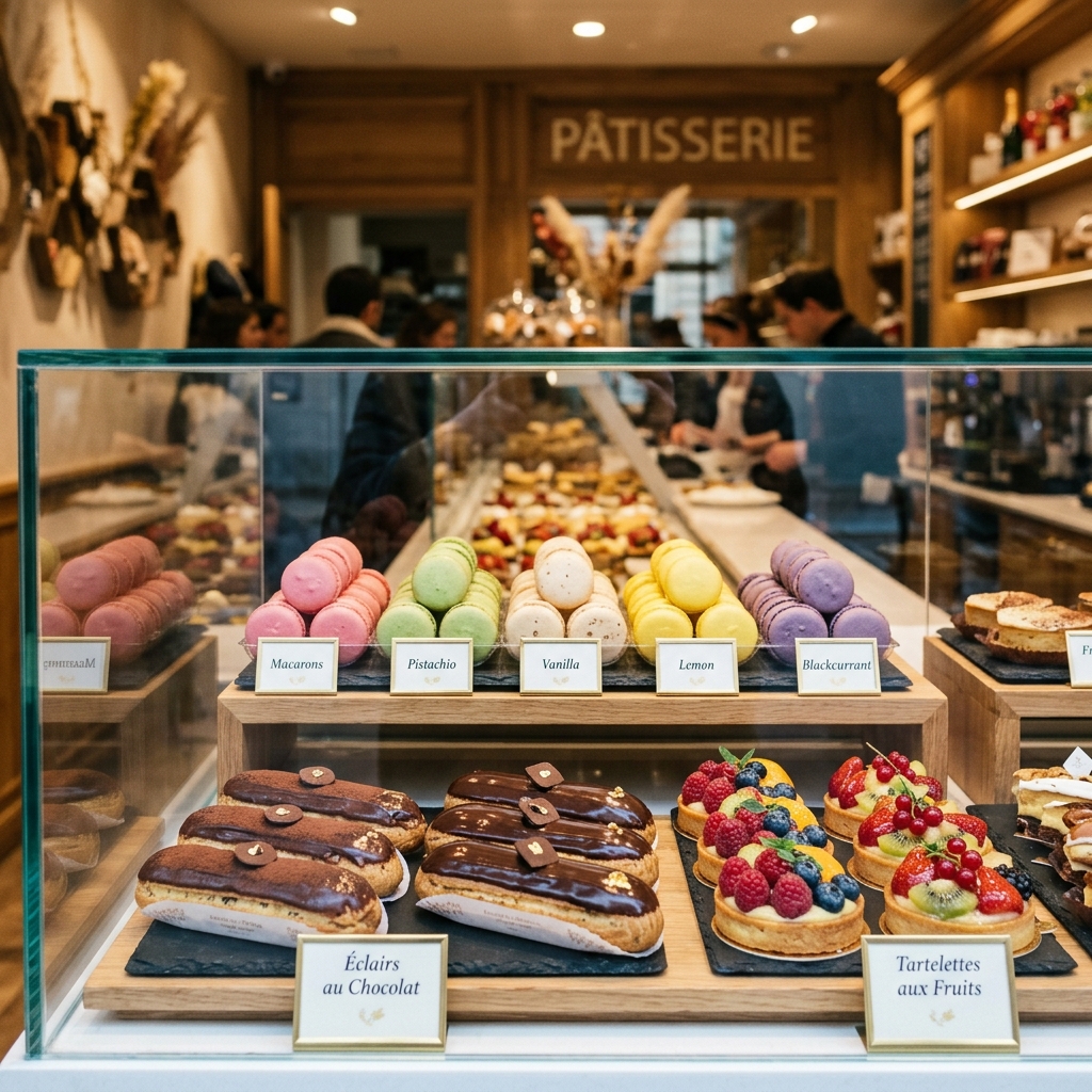 Delicate bakery pastries in display